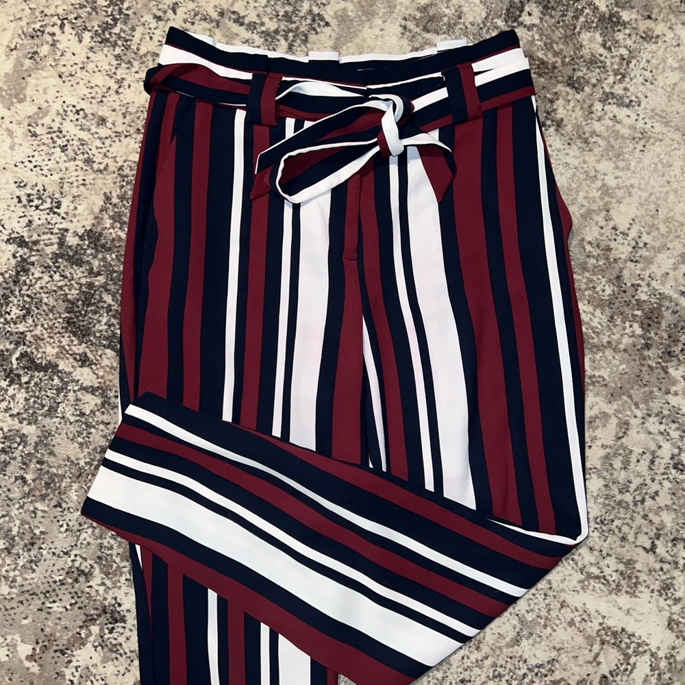 Express Women's Ankle Crop Striped Pants in Navy, White & Burgundy - Picture 2 of 7